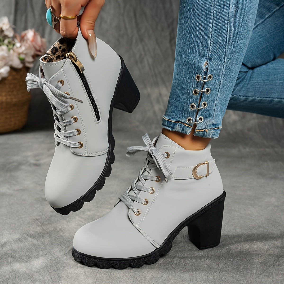 MagiMoBo Women'S Mid-Heel Ankle Boots with Side Zipper - Comfortable Faux Cover, Decorative Buckle Design, All-Season Versatile Casual Shoes for Casual Attire, Chunky Heel, Versatile Ankle Boots | Decorative Buckle Boots | Sy