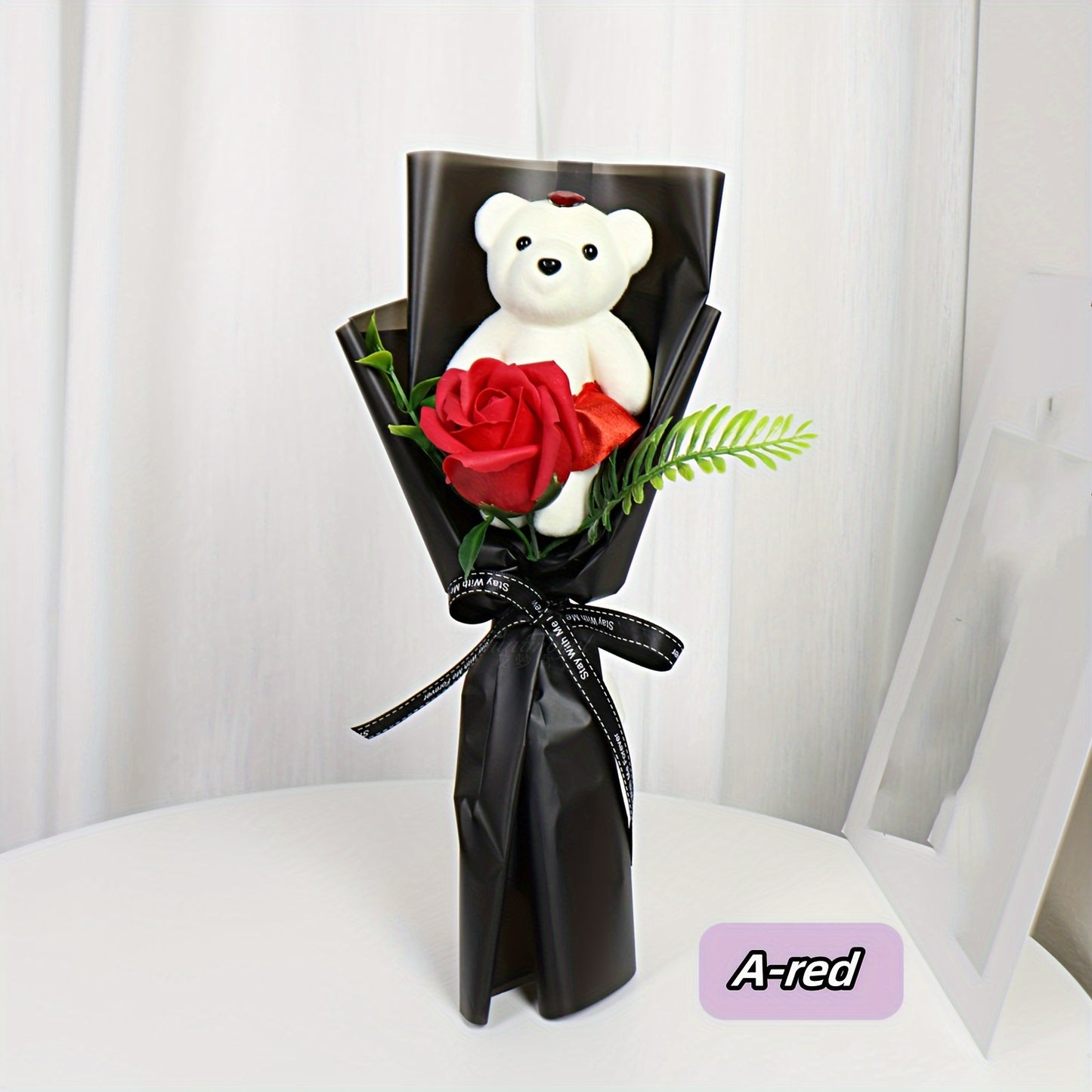 Artificial Red Rose Bouquet with Teddy Bear - Plastic Everlasting Floral Arrangement for Home Decor, Ideal Gift for Christmas, Valentine's Day, Mother's Day, Easter, Thanksgiving - No Container, Battery-Free, Electricity-Free