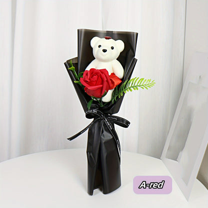 Artificial Red Rose Bouquet with Teddy Bear - Plastic Everlasting Floral Arrangement for Home Decor, Ideal Gift for Christmas, Valentine's Day, Mother's Day, Easter, Thanksgiving - No Container, Battery-Free, Electricity-Free