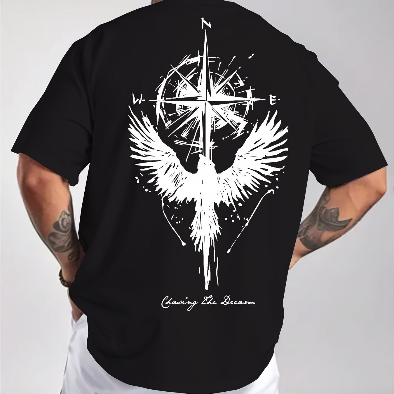 Men'S Summer Short Sleeve T-Shirt with Bold Eagle & Compass Print - Light Blue Casual Round Neck Tee, Comfortable Stretch Fabric for Casual Attire, Everyday Tshirt | Bold Graphic Tee | Comfortable Fit