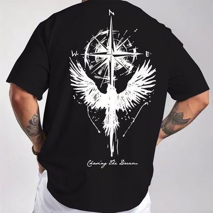 Men'S Summer Short Sleeve T-Shirt with Bold Eagle & Compass Print - Light Blue Casual Round Neck Tee, Comfortable Stretch Fabric for Casual Attire, Everyday Tshirt | Bold Graphic Tee | Comfortable Fit