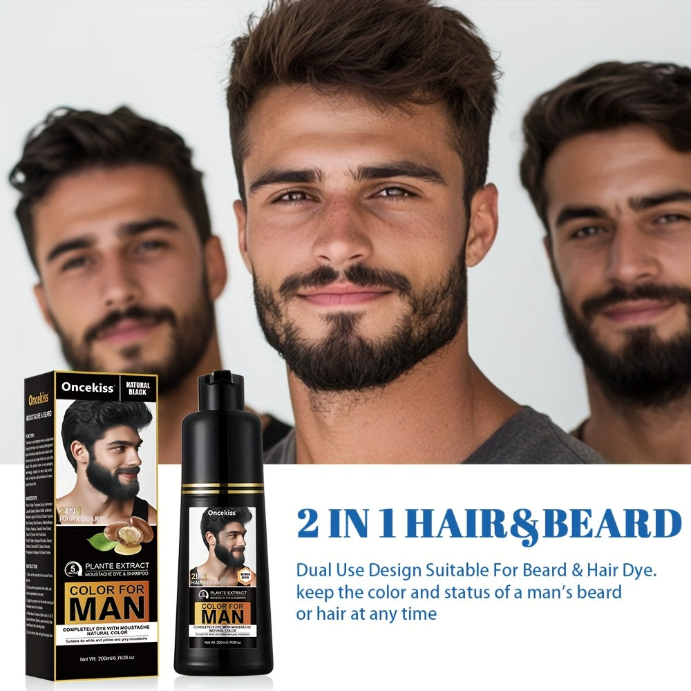 200ml Beard Hair Dye Shampoo for Men, Semi-permanent Hair Dye Shampoo 2in 1 Care Hair Dye to Cover Gray Beard And Hair, Available in Black and Brown