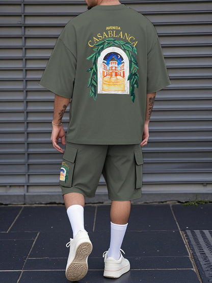 New Loose-Fitting Breathable Men'S Round Neck Short-Sleeved T-Shirt And Workwear Style Multi-Pocket Shorts Set Summer Leisure Sports Two-Piece Suit, Fashionable Sports Casual Versatile Tops And Pants for Men And Women