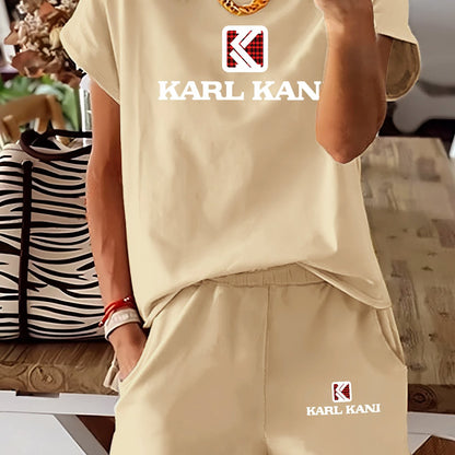 2pcs Square Frame Red and Black Plaid KARL KANI Print New Women's Summer Fashion Casual Round Neck T-Shirt Short Sleeve Polyester Spandex Sport Set