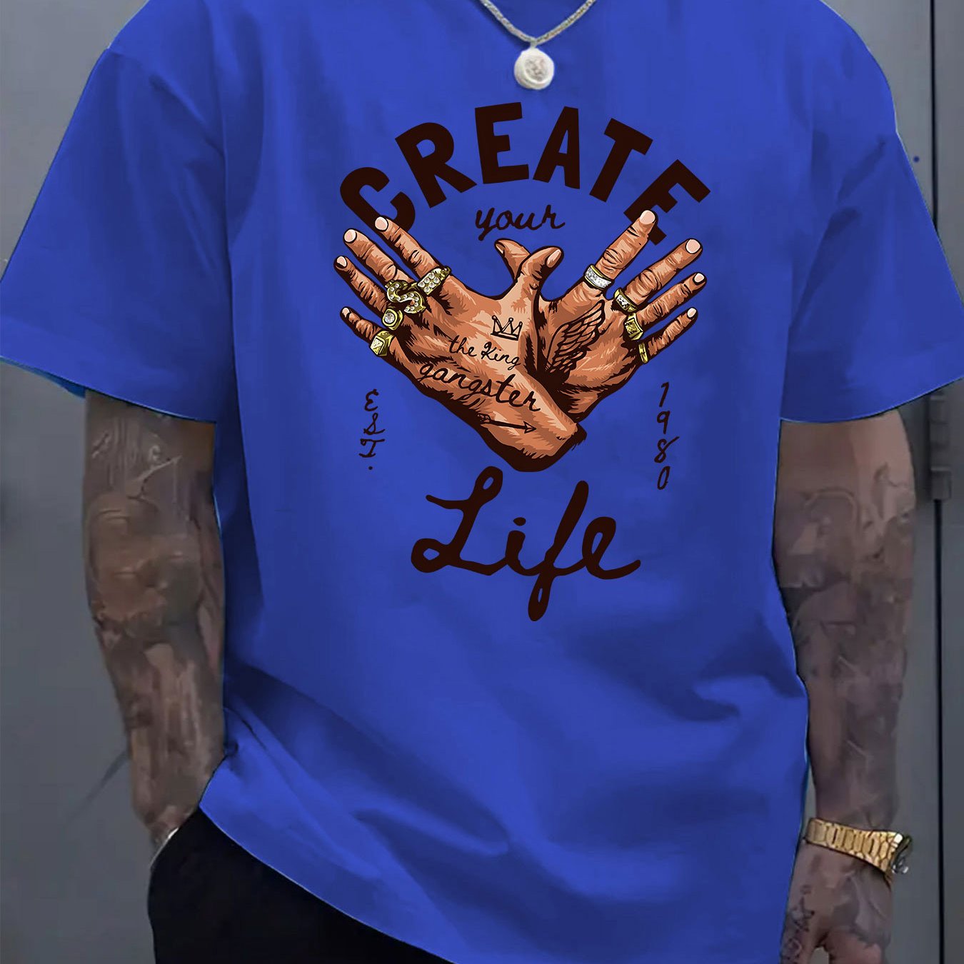 Men's Short-Sleeve T-Shirt with Inspirational "CREATE Your Own Life" Print & Prayer Hands Design - Elastic Round Neck, Breathable Fabric for Summer Outdoor Activities, Casual Comfort Fit, Machine Washable, Artistic Lifestyle