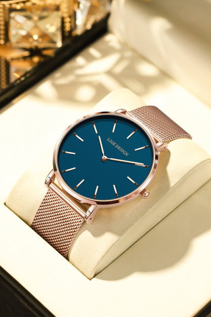 LIGE Women'S Ultra-Thin Quartz Watch with Rose Golden Mesh Strap - Elegant Blue Dial, Minimalist Design, Perfect Gift for Mother'S Day, Christmas, Thanksgiving, Christmas Accessory | Minimalist Watch | Quartz Movement