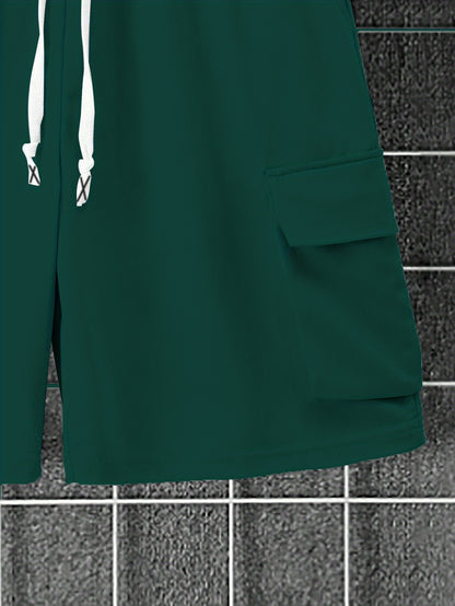 New Loose Fit Breathable Men's Crew Neck Short Sleeve T-Shirt and Workwear Style Multi-Pocket Shorts Set, Summer Casual Sportswear Two-Piece Outfit, Stylish Versatile Top and Pants for Both Men and Women