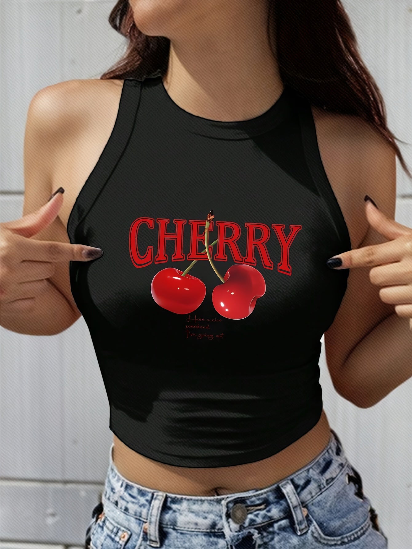 Women's Elegant Cropped Graphic Tank Top - Cherry Print Semi-Sheer Stretchy, Round Neck Sleeveless Shirt, Machine Washable All-Season Casual Top, Ladies Tank Tops, Playful Summer Wear