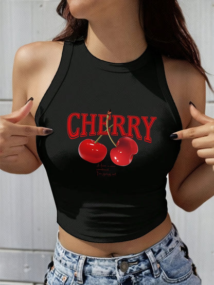 Women's Elegant Cropped Graphic Tank Top - Cherry Print Semi-Sheer Stretchy, Round Neck Sleeveless Shirt, Machine Washable All-Season Casual Top, Ladies Tank Tops, Playful Summer Wear