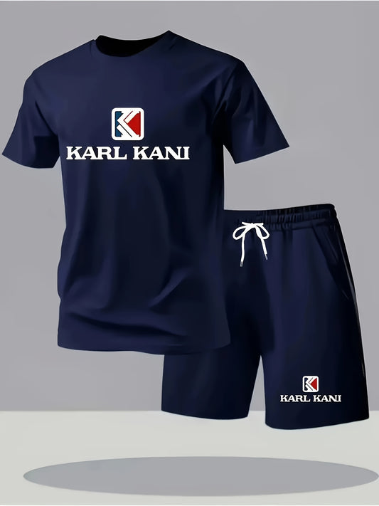 Summer Men's Casual Sport Short Sleeve T-Shirt and Shorts Set, Knitted Polyester Fabric, Comfortable Breathable, Suitable for Outdoor Jogging Running Fitness, KARL KANI Letter Print Design - 2pcs