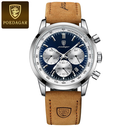 POEDAGAR Men's Luxury Chronograph Watch with Luminous Dial, High Quality 30m, Quartz Movement, Date Display & Brown Faux Leather Strap - Casual & Formal Wristwatch
