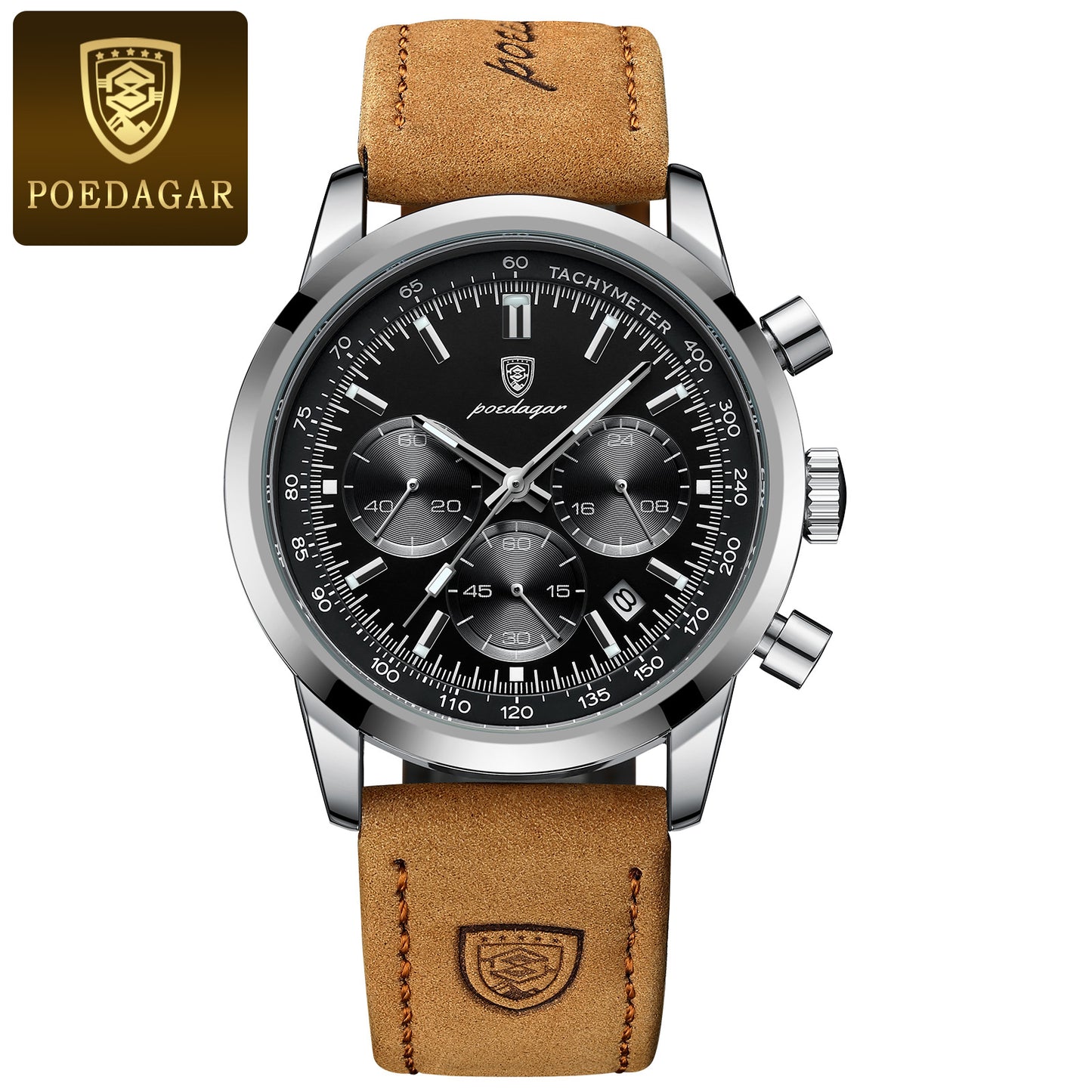 POEDAGAR Men's Luxury Chronograph Watch with Luminous Dial, High Quality 30m, Quartz Movement, Date Display & Brown Faux Leather Strap - Casual & Formal Wristwatch