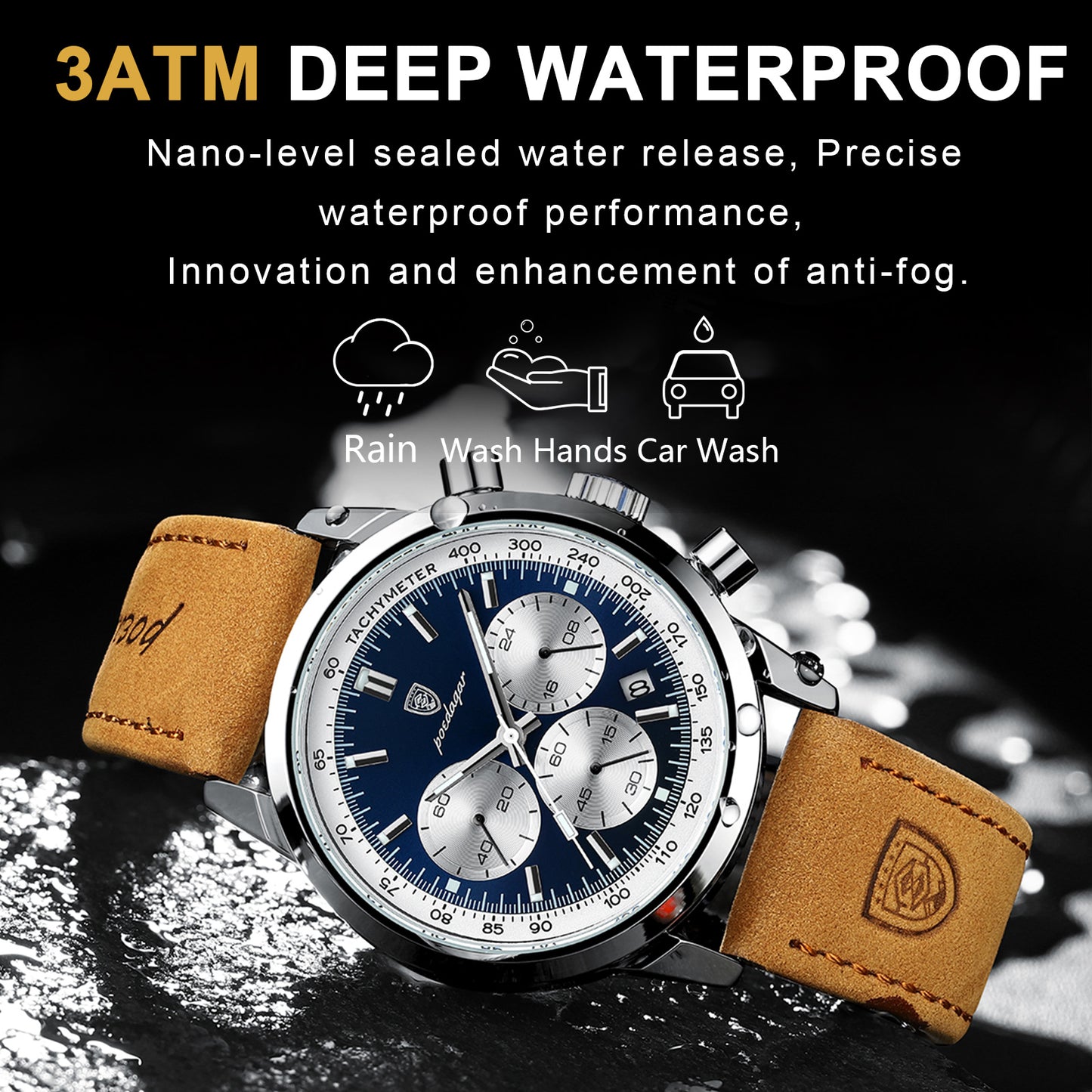 POEDAGAR Men's Luxury Chronograph Watch with Luminous Dial, High Quality 30m, Quartz Movement, Date Display & Brown Faux Leather Strap - Casual & Formal Wristwatch