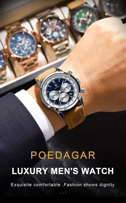 POEDAGAR Men's Luxury Chronograph Watch with Luminous Dial, High Quality 30m, Quartz Movement, Date Display & Brown Faux Leather Strap - Casual & Formal Wristwatch