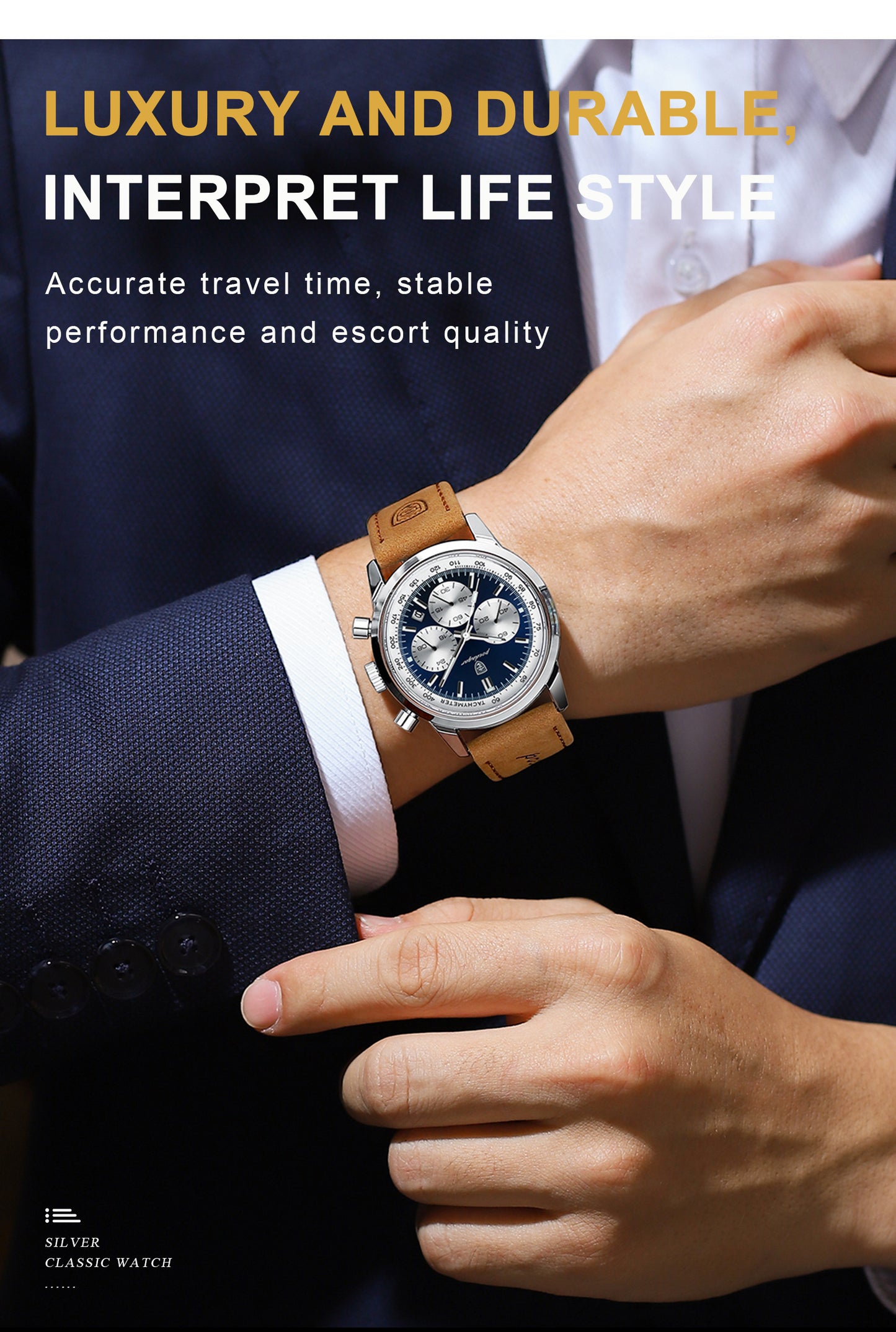 POEDAGAR Men's Luxury Chronograph Watch with Luminous Dial, High Quality 30m, Quartz Movement, Date Display & Brown Faux Leather Strap - Casual & Formal Wristwatch