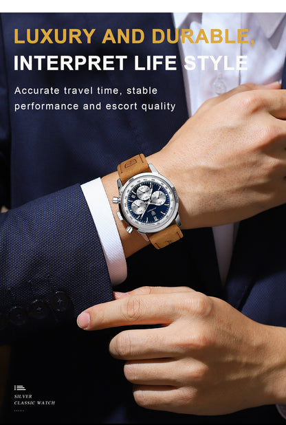 POEDAGAR Men's Luxury Chronograph Watch with Luminous Dial, High Quality 30m, Quartz Movement, Date Display & Brown Faux Leather Strap - Casual & Formal Wristwatch