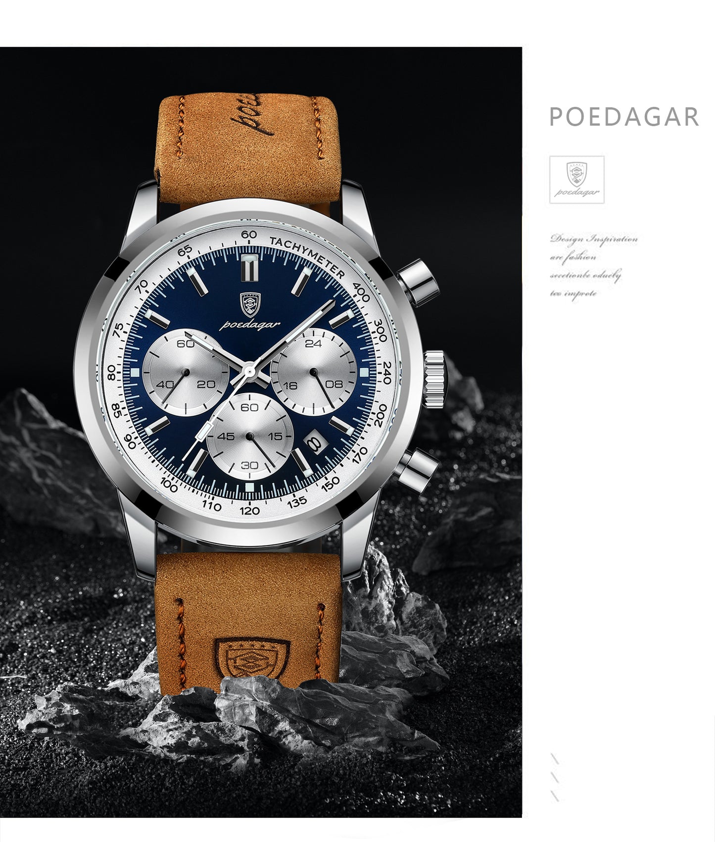 POEDAGAR Men's Luxury Chronograph Watch with Luminous Dial, High Quality 30m, Quartz Movement, Date Display & Brown Faux Leather Strap - Casual & Formal Wristwatch