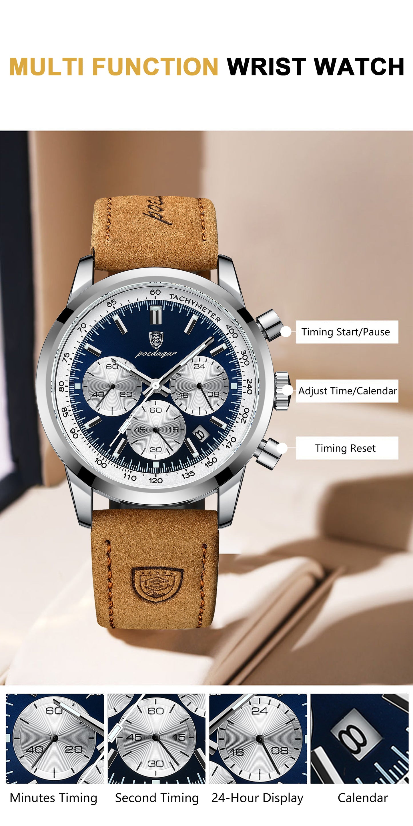 POEDAGAR Men's Luxury Chronograph Watch with Luminous Dial, High Quality 30m, Quartz Movement, Date Display & Brown Faux Leather Strap - Casual & Formal Wristwatch