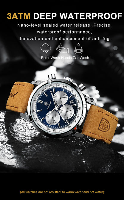 POEDAGAR Men's Luxury Chronograph Watch with Luminous Dial, High Quality 30m, Quartz Movement, Date Display & Brown Faux Leather Strap - Casual & Formal Wristwatch