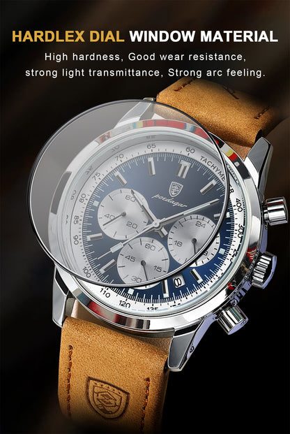 POEDAGAR Men's Luxury Chronograph Watch with Luminous Dial, High Quality 30m, Quartz Movement, Date Display & Brown Faux Leather Strap - Casual & Formal Wristwatch