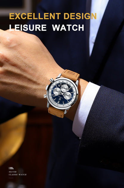 POEDAGAR Men's Luxury Chronograph Watch with Luminous Dial, High Quality 30m, Quartz Movement, Date Display & Brown Faux Leather Strap - Casual & Formal Wristwatch