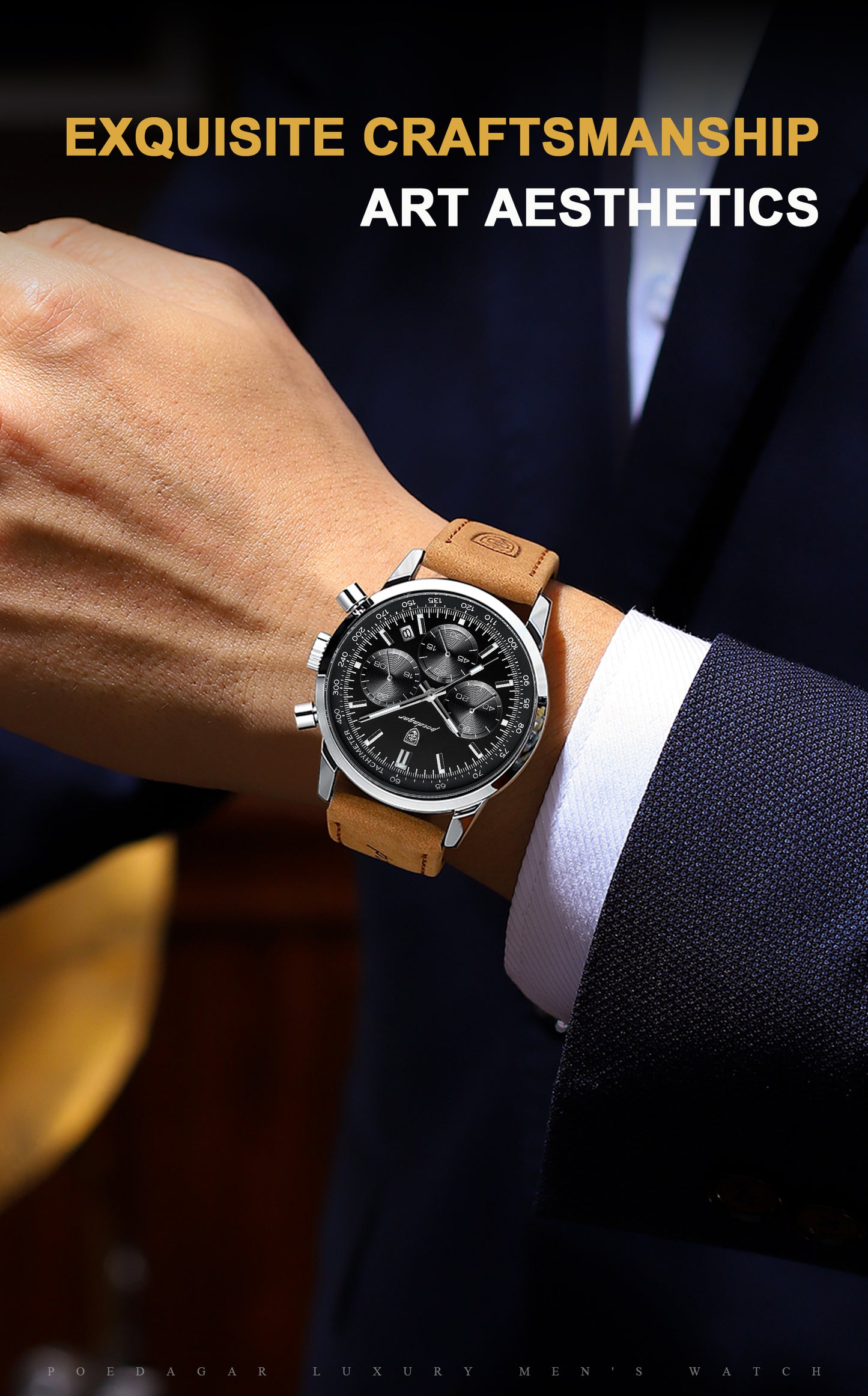 POEDAGAR Men's Luxury Chronograph Watch with Luminous Dial, High Quality 30m, Quartz Movement, Date Display & Brown Faux Leather Strap - Casual & Formal Wristwatch