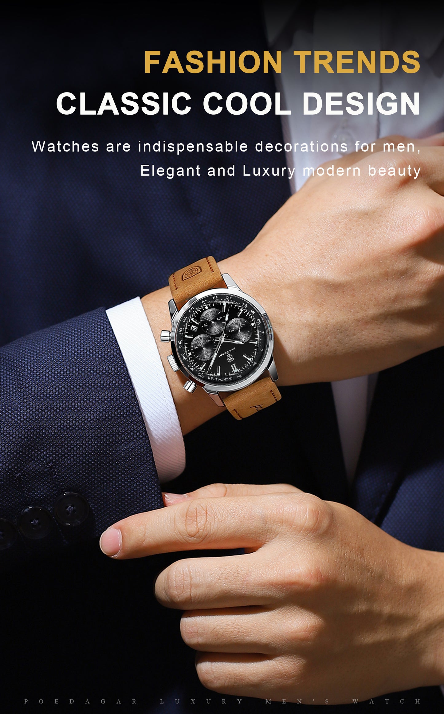 POEDAGAR Men's Luxury Chronograph Watch with Luminous Dial, High Quality 30m, Quartz Movement, Date Display & Brown Faux Leather Strap - Casual & Formal Wristwatch