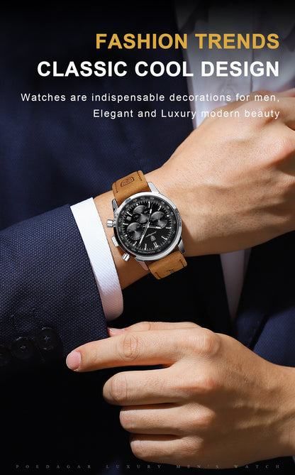 POEDAGAR Men's Luxury Chronograph Watch with Luminous Dial, High Quality 30m, Quartz Movement, Date Display & Brown Faux Leather Strap - Casual & Formal Wristwatch
