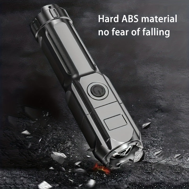1pc Portable Super Bright Zoomable Flashlight, Rechargeable Long Shot ABS Strong Light Dimming Flashlight, Telescopic Zoom Torch For Outdoor ABS Material