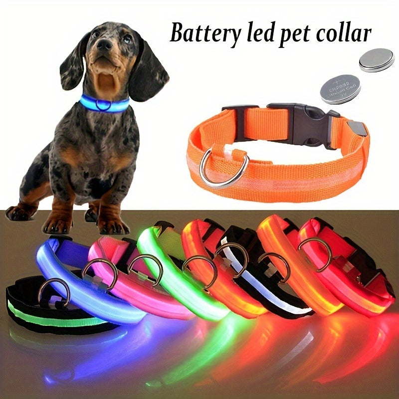 LED Glowing Pet Dog Collar, Luminous Flashing Necklace for Outdoor Walking Night Safety, Non-Rechargeable Button Battery Powered, Polyester Material