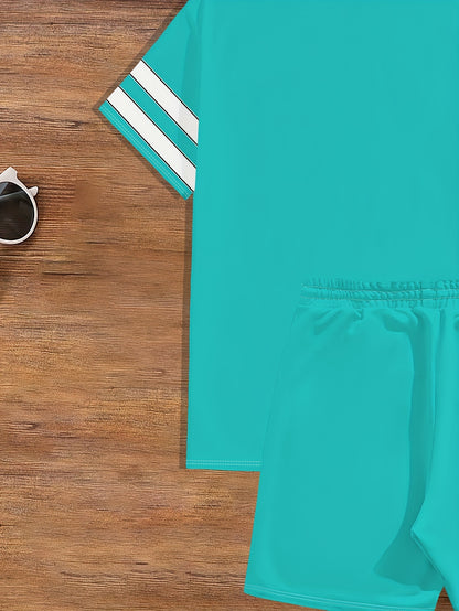 Summer Men's T-Shirt Set with Unique Digital Line Letter Print and Baseball Element Shorts Two-Piece Outfit