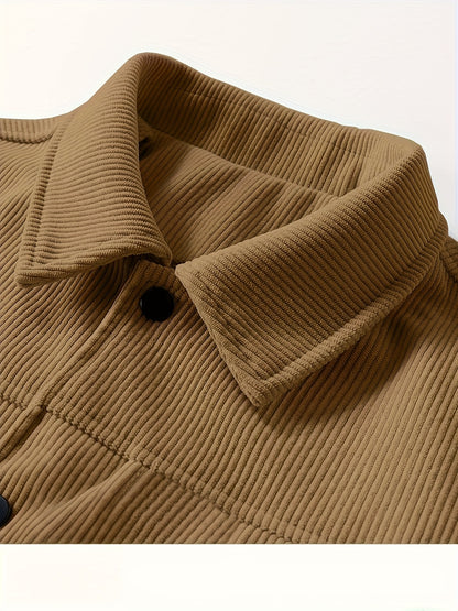 Men'S Plus Size Corduroy Bomber Jacket - Casual Workwear with Snap Buttons, Flap Pockets, and Polyester Lining - Machine Washable, Autumn & Spring Fashion, Casual Outerwear | Casual Jacket | Polyester Lining Jacket