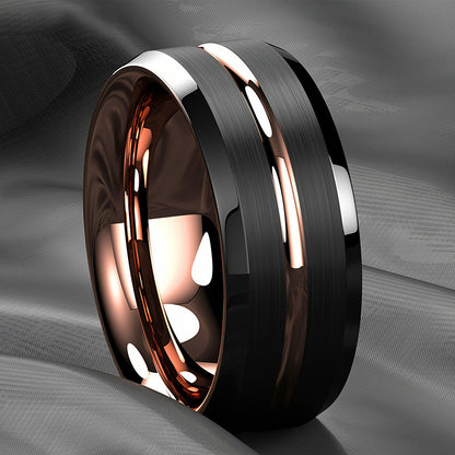 1pc 8mm Rainbow Color Groove Stainless Steel Men's Ring, Black Brushed Wedding Ring