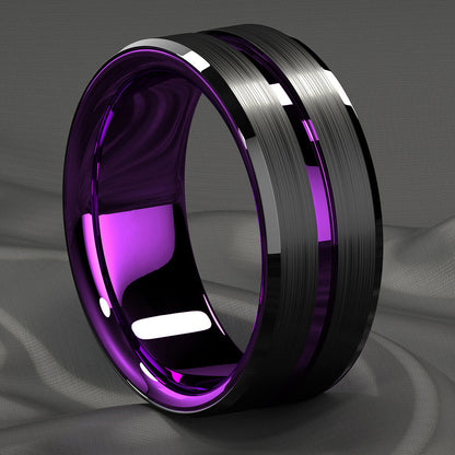 1pc 8mm Rainbow Color Groove Stainless Steel Men's Ring, Black Brushed Wedding Ring