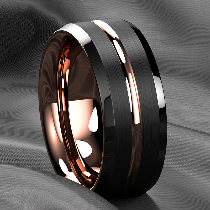 1pc 8mm Rainbow Color Groove Stainless Steel Men's Ring, Black Brushed Wedding Ring