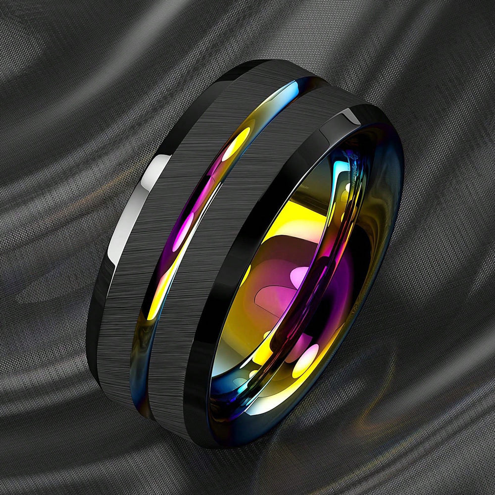 1pc 8mm Rainbow Color Groove Stainless Steel Men's Ring, Black Brushed Wedding Ring