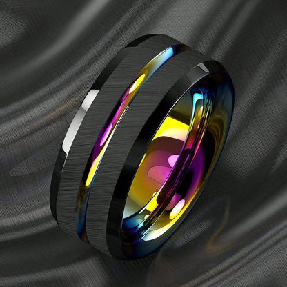 1pc 8mm Rainbow Color Groove Stainless Steel Men's Ring, Black Brushed Wedding Ring