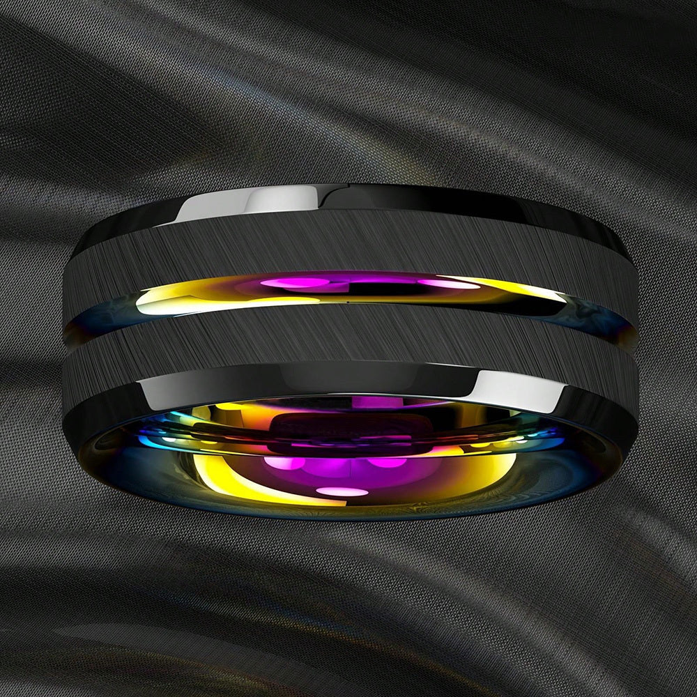 1pc 8mm Rainbow Color Groove Stainless Steel Men's Ring, Black Brushed Wedding Ring