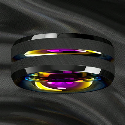 1pc 8mm Rainbow Color Groove Stainless Steel Men's Ring, Black Brushed Wedding Ring