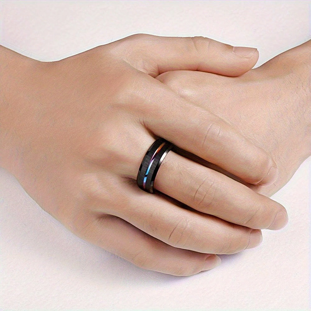 1pc 8mm Rainbow Color Groove Stainless Steel Men's Ring, Black Brushed Wedding Ring