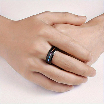 1pc 8mm Rainbow Color Groove Stainless Steel Men's Ring, Black Brushed Wedding Ring