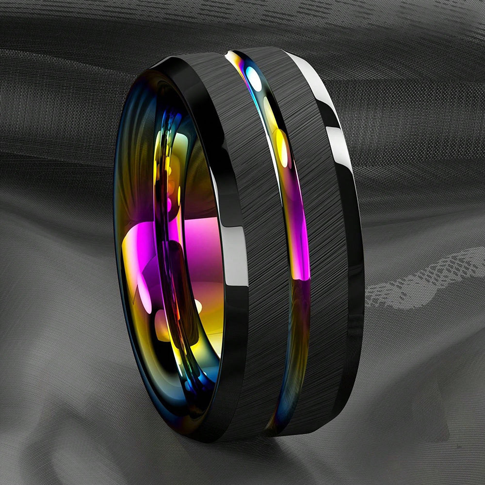 1pc 8mm Rainbow Color Groove Stainless Steel Men's Ring, Black Brushed Wedding Ring