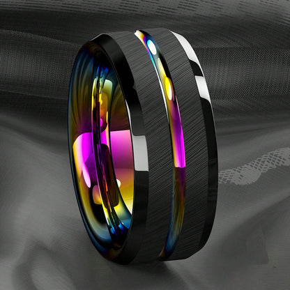 1pc 8mm Rainbow Color Groove Stainless Steel Men's Ring, Black Brushed Wedding Ring