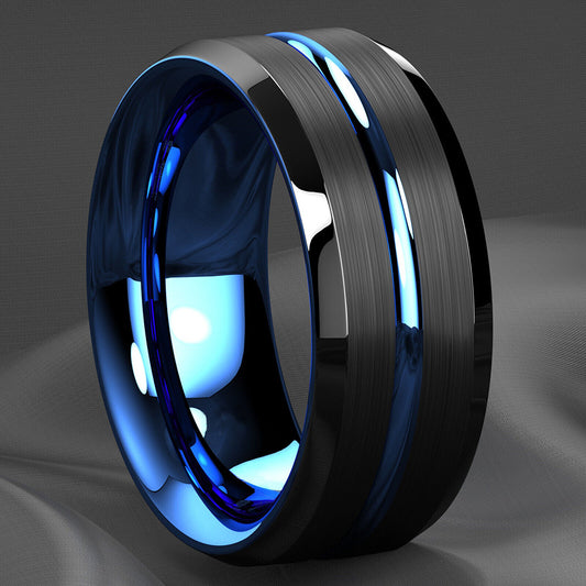 1pc 8mm Rainbow Color Groove Stainless Steel Men's Ring, Black Brushed Wedding Ring