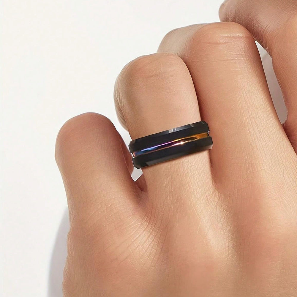 1pc 8mm Rainbow Color Groove Stainless Steel Men's Ring, Black Brushed Wedding Ring