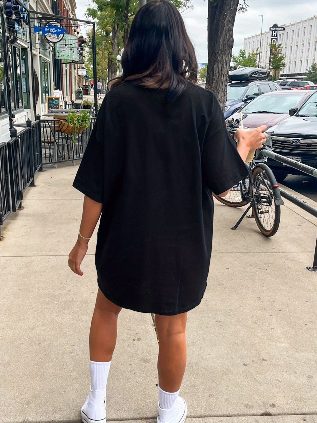 Women'S Casual T-Shirt Dress with "MILANO ITALY" Print, Short Sleeve, Round Neck, Loose Fit, White with Black Lettering, Perfect for Summer, Casual Summer Dress | Relaxed Fit Dress | Comfortable Fashion, Ladies T Shirts