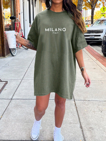 Women'S Casual T-Shirt Dress with "MILANO ITALY" Print, Short Sleeve, Round Neck, Loose Fit, White with Black Lettering, Perfect for Summer, Casual Summer Dress | Relaxed Fit Dress | Comfortable Fashion, Ladies T Shirts