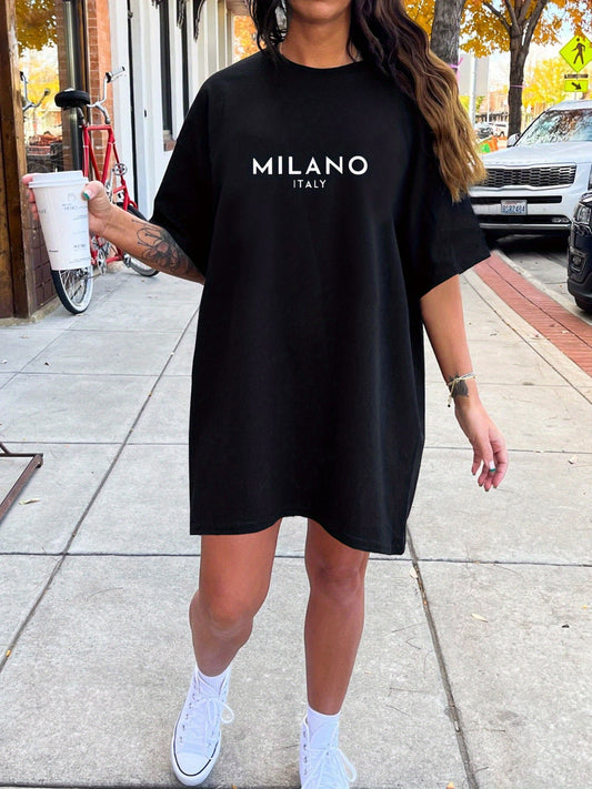 Women'S Casual T-Shirt Dress with "MILANO ITALY" Print, Short Sleeve, Round Neck, Loose Fit, White with Black Lettering, Perfect for Summer, Casual Summer Dress | Relaxed Fit Dress | Comfortable Fashion, Ladies T Shirts