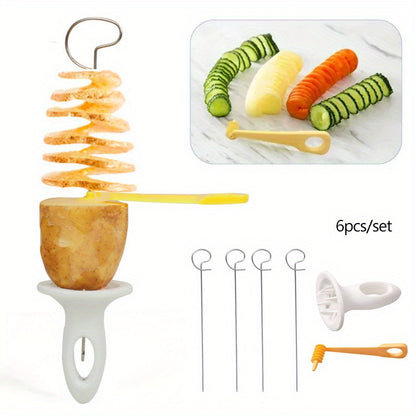 6-Piece Set Multifunctional Spiral Potato Slicer, Stainless Steel Manual Tornado Twister Vegetable Cutter for BBQ, Camping Kitchen Tools, No Flint or Magnesium Rod Included
