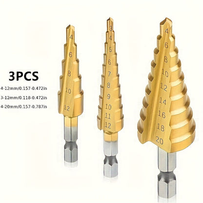 3pcs Titanium-Coated HSS Drill Bits Set, 3-12mm, 4-12mm, 4-20mm Straight Groove Step Cone Cutters, Precision Hole Sawing, Hex Shank, Metal, No Power Required, Home Renovation Tool Accessories